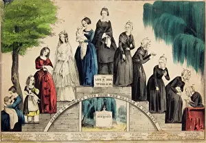 Grave Prints: 1800S 1850S Currier & Ives Illustration Life & Age Of Woman From Birth To Age 100 Stages Of Life From Cradle To Grave