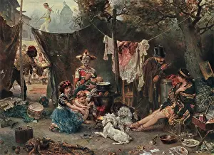 Oldtime Prints: 1800s 1880s PAINTING BY GERMAN LUDWIG KNAUS BEHIND THE SCENES SHOWS TRAVELING CIRCUS FAMILY SORDID LIFESTYLE COLOR