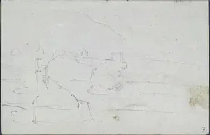 1829 Prints: A 1829 pencil sketch by Carl Gauermann showing an indistinct landscape combined with architectural elements