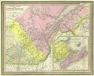 Quebec Prints: 1850 Mitchell Map of Eastern Canada including Quebec