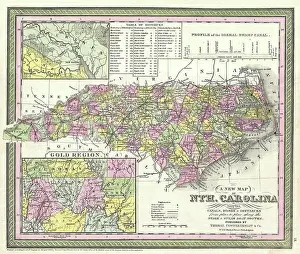 Regions Prints: 1850 Mitchell Map of North Carolina showing Gold Regions