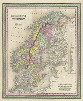 Finland Prints: 1850 Mitchell Map of Scandinavia, Norway, Sweden, Denmark, Finland