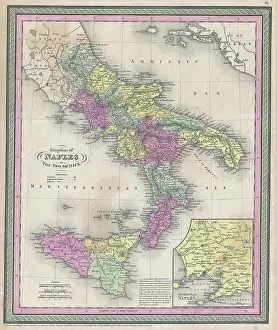 Sicily Prints: 1853 Mitchell Map of Southern Italy ( Naples, Sicily )