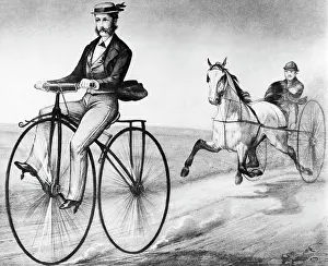 Innovation Prints: 1860s MAN RIDING AND PEDDLING VELOCIPEDE BICYCLE SHOWN SPEEDING AHEAD OF MAN AND PACING HORSE PULLING HARNESS RACING
