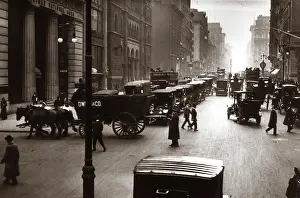 1890s Prints: 1890S 1900S Turn Of Century New York City Street Scene Pedestrians Horse & Wagons Automobiles Cars Traffic Manhattan