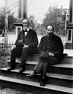 Manly Prints: 1890S Turn Of The Century Two Bearded Men Father And Son In Suits Holding Bowler Hats Sitting On Stairs In Front Of