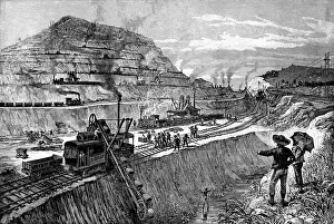 Innovation Prints: 1900S Engraving Of Construction Of The Panama Canal Steam Shovel On Rails Doing The Excavation Digging Cutting