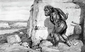 Discovered Prints: 1900s PREHISTORIC NEANDERTHAL CAVEMAN HOLDING CLUB STANDING AT ENTRANCE BURIAL SITE CAVE LA CHAPELLE-AUX-SAINTS CENTRAL