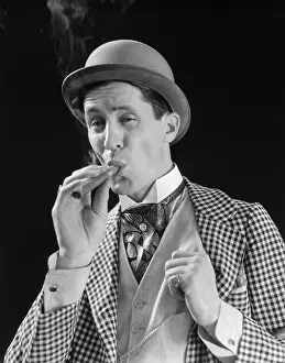Smoking Prints: 1910s 1920s CHARACTER MAN INHALING CIGAR CON MAN BOWLER HAT FANCY SUIT CRAVAT LOOKING AT CAMERA