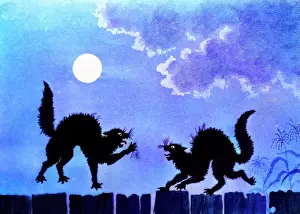 Annoyance Prints: 1920s 1930s ILLUSTRATION TWO NOISY LOUD SQUALLING BLACK CATS FIGHTING ON BACKYARD FENCE UNDER FULL MOON AT MIDNIGHT