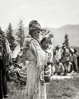 Indians Prints: 1920s 1930s NATIVE AMERICAN STONEY SIOUX INDIAN WOMAN MOTHER IN BEADED BUCKSKIN DRESS HOLDING BABY BOY GIRL IN PAPOOSE