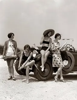 Autos Prints: 1920S Group Of Four Women At Shore Gathered Around Convertible Two In Dresses & Two In Bathing Suits