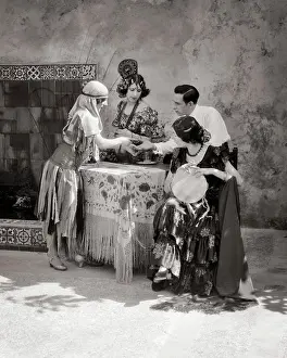 Temptation Prints: 1920s GYPSY WOMAN FORTUNE TELLER READING MAN'S PALM WATCHING ARE TWO WOMEN DANCERS IN SPANISH FLAMENCO STYLE DRESS