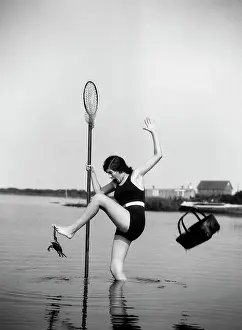Recreation Prints: 1920S Woman Crabbing Surprised By Crab Biting Her Toe