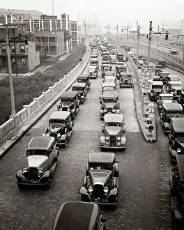 Autos Prints: 1930s AFTERNOON RUSH HOUR TRAFFIC JAMMED CARS LEAVING PULASKI SKYWAY HEADING FOR THE HOLLAND TUNNEL JERSEY CITY NEW