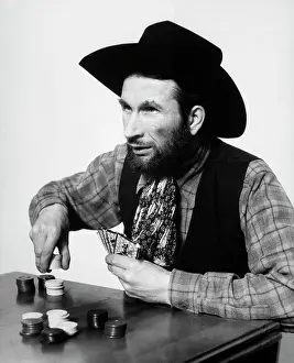Oldtime Prints: 1930s BEARDED MAN COWBOY PLAYING CARDS GAMBLING BETTING POKER CHIPS