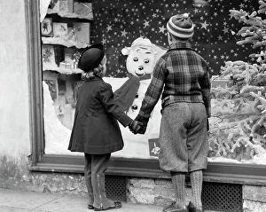 Knickers Prints: 1930S Boy And Girl Holding Hands Looking At Decorated Christmas Window