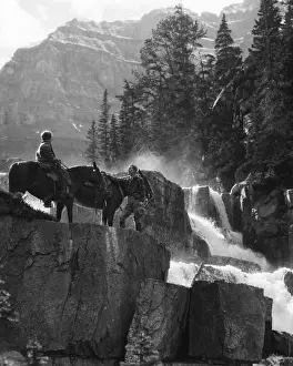 Spouse Prints: 1930s COUPLE WOMAN ON HORSE MAN STANDING BY HORSE NEAR WATERFALL IN PINE FOREST GIANTS STEPS PARADISE VALLEY ALBERTA