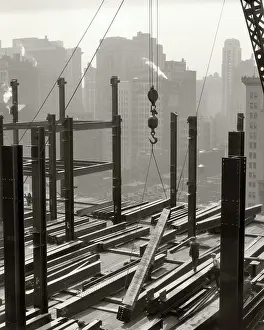 Beam Prints: 1930s ELEVATED VIEW OF STEEL I BEAMS BEING LIFTED DURING CONSTRUCTION OF SKYSCRAPER BUILDING IN NEW YORK CITY USA