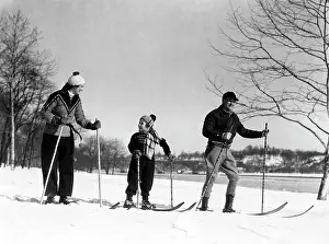 Small Group Of People Prints: 1930S Family Of Three Cross Country Skiing Mother Father Daughter