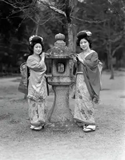 Hard Prints: 1930S Two Japanese Geisha Girls In Native Costume Kimono Standing By Stone Lantern Kobe Japan