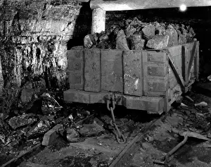 Dangerous Prints: 1930S Loaded Wooden Mine Car On Track In Pick And Shovel Underground Coal Mining