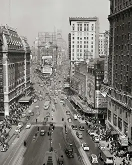 Autos Prints: 1930s NEW YORK CITY TIMES SQUARE LOOKING NORTH UP BROADWAY TO DUFFY SQUARE FROM ORIGINAL TIMES TOWER SEEN AS A SHADOW