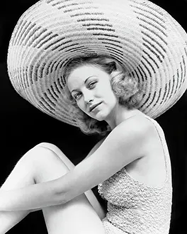 Oldtime Prints: 1930s PORTRAIT BLONDE WOMAN WEARING BATHING SUIT LARGE STRIPED STRAW HAT LOOKING AT CAMERA