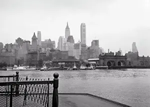 Lower Prints: 1930s SKYLINE OF LOWER MANHATTAN BUSINESS DISTRICT SIGHT SEEING BOATS TERMINAL SLIPS FROM DECK OF STATEN ISLAND FERRY