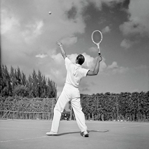 Manly Prints: 1930S Back View Of Man Playing Tennis About To Hit The Ball Summer Outdoor