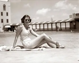 Florida Prints: 1930S Woman Model Sitting Pool Side Wearing Bathing Suit Sunglasses Sandals Fashion Swim Wear Vacation Miami Beach