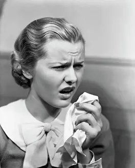 Oldtime Prints: 1930s WOMAN SNEEZING COUGHING INTO HANDKERCHIEF