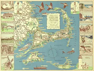 Massachusetts Prints: 1940 Colonial Craftsman Decorative Map of Cape Cod, Massachusetts