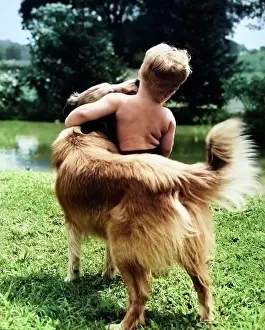 Best Prints: 1940s 1950s 1960s BACK VIEW OF BOY AND DOG HUGGING