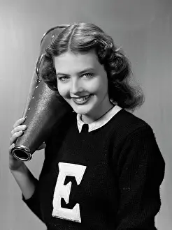 Sweater Prints: 1940S 1950S Girl Cheerleader With Megaphone Smiling