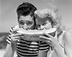 Share Prints: 1940S 1950S Teen Age Boy & Girl Eating Slice Watermelon