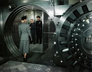 Oldtime Prints: 1940s 1950s WOMAN WALKING INTO PRIVATE BANK VAULT BANK TELLER AND GUARD STANDING BY SAFE DEPOSIT BOXES