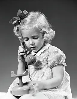 Speak Prints: 1940S Little Blond Girl Talking On Toy Telephone