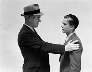 Story Prints: 1940S Man And Boy Father Son Facing Each Other Both In Hats And Suits