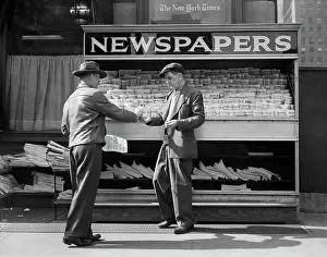 Newspaper Prints: 1940S Man Buying Newspaper From Vendor On Sidewalk New York City