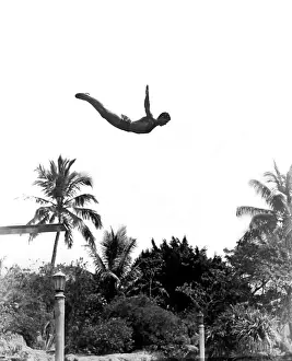 Physical Fitness Prints: 1940S Man Poised Midair Arms Out Jumping From Diving Board Into Pool