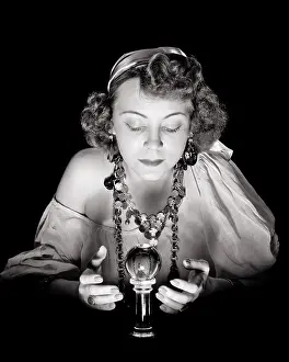 Mystery Prints: 1940s MYSTERIOUS SERIOUS WOMAN GYPSY CARNIVAL FORTUNE TELLER LOOKING INTO HER CRYSTAL BALL