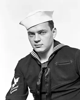 Oldtime Prints: 1940s PORTRAIT SERIOUS AMERICAN SAILOR WEARING NAVY UNIFORM LOOKING AT CAMERA