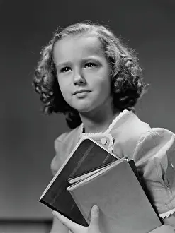 People Children Prints: 1940S Portrait Serious Girl Student Holding School Books