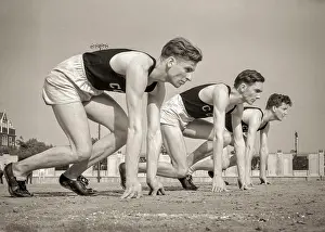 Recreation Prints: 1940s THREE RUNNERS AT STARTING LINE OF FOOT RACE TRACK AND FIELD