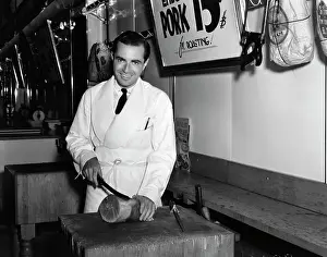 Butcher Prints: 1940S Smiling Man Butcher Slicing Ham Roll Butcher Shop Grocery Store Grocer Pork 15 Cents Per Pound