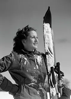 Observe Prints: 1940S Smiling Woman Portrait Holding Skis And Ski Poles Winter Outdoor