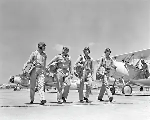 Oldtime Prints: 1940S FOUR U.S. NAVY PILOTS WALKING TOGETHER ON TARMAC RETURNING FROM AIR MANEUVERS AT THE PHILADELPHIA NAVY YARD PA