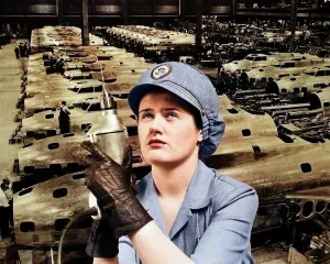 Prepared Prints: 1940s WOMAN ROSIE THE RIVETER SUPERIMPOSED OVER AIRPLANES IN FACTORY 1940s WARTIME WWII
