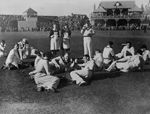 Picture Prints: The 1945 Australian Services team discusses legends of the Scarborough wicket as they have afternoon tea